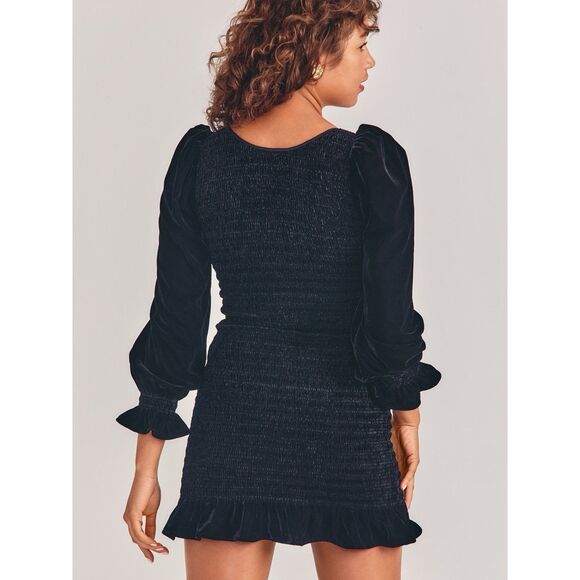 NWOT LoveShackFancy Dorset Velvet Smocked Long Sleeve Mini Dress in Black Sz M - Picture 5 of 16